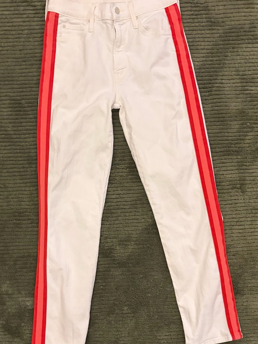 MOTHER White Ankle Jeans with Red Side Stripes